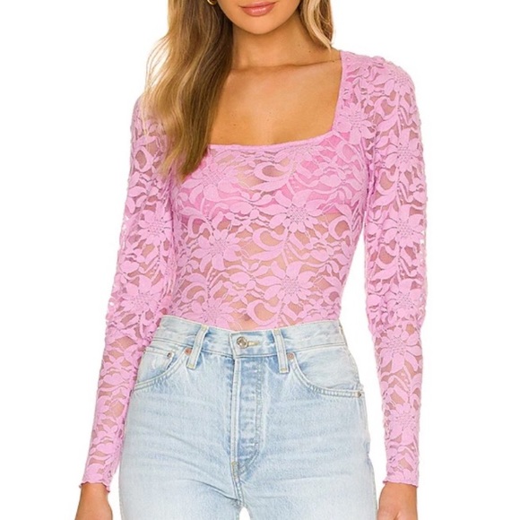 Revolve X Free People Long Distance Layering Long Sleeve Sheer Lace Top Pink NWT - Picture 2 of 8